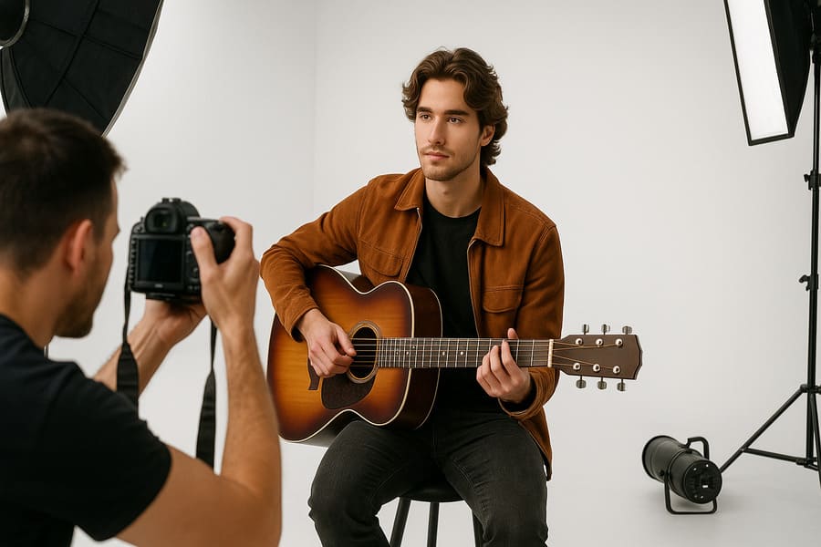 молодой гитарист на фотосессии в студии с белой циклорамой, гитарой и осветительным оборудованием