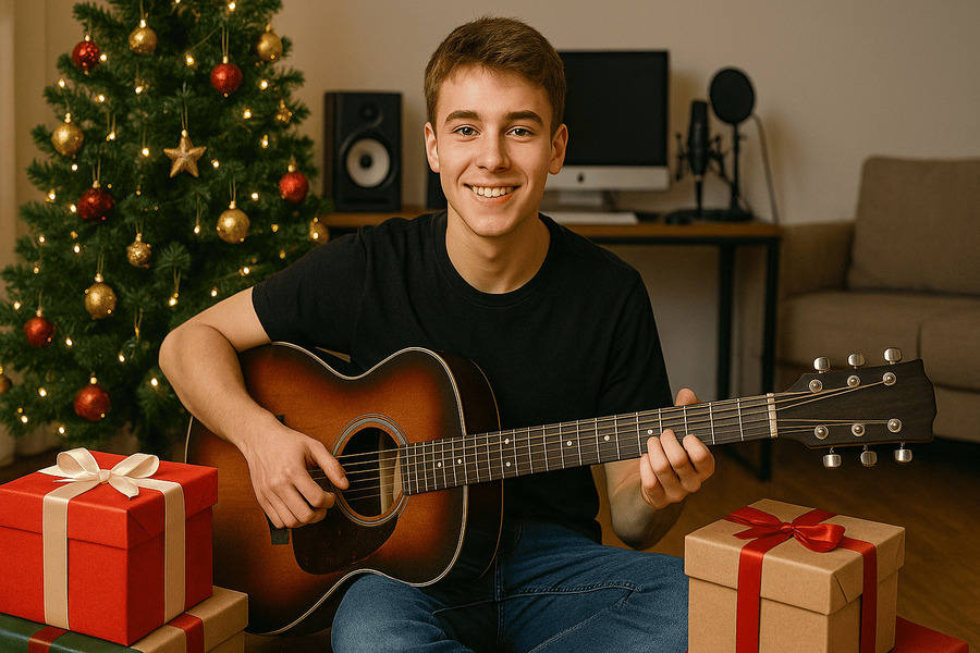 что подарить гитаристу — молодой парень с гитарой, новогодней ёлкой, подарками и домашней студией звукозаписи